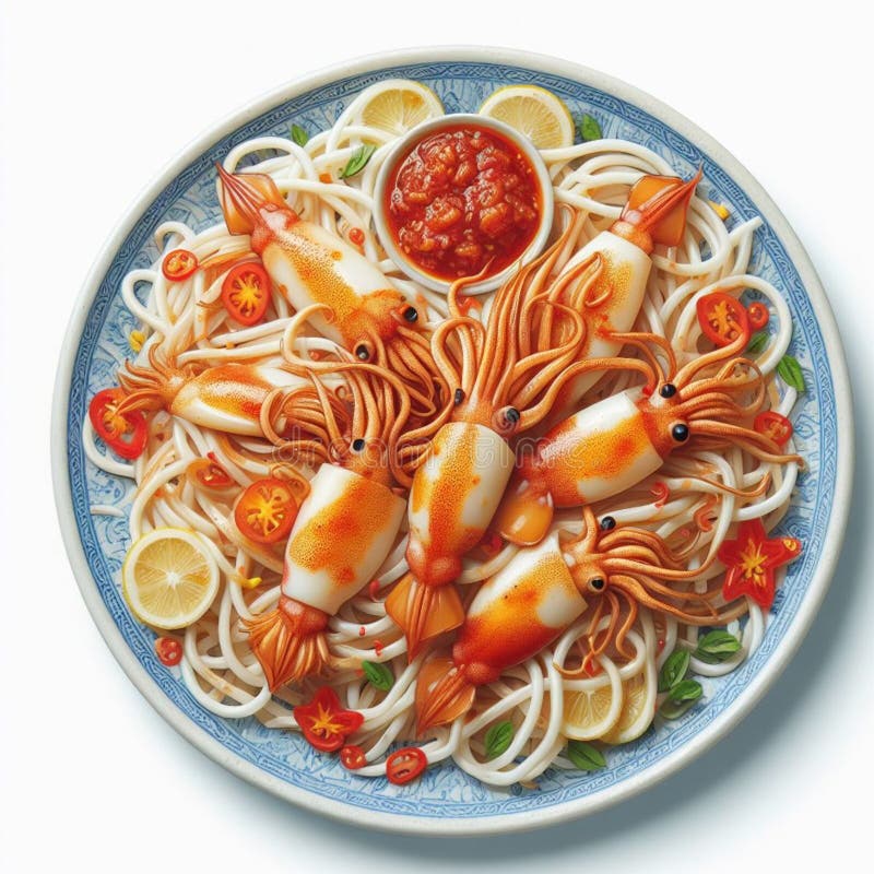 Squid served on a flat plate with chili sauce and vegetables isolated on a white background. Squid served on a flat plate with chili sauce and vegetables isolated on a white background.