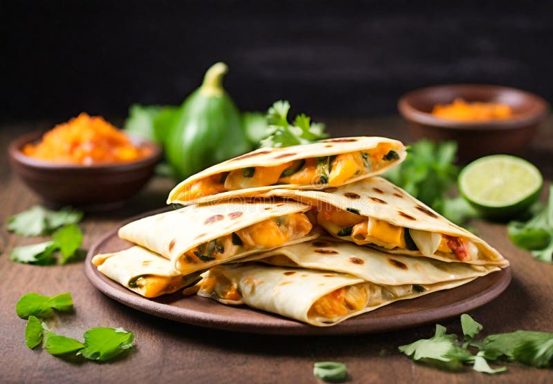 Każda quesadilla jest stworzona z lekko toczonego tortilli kukurydzy. ilustracji