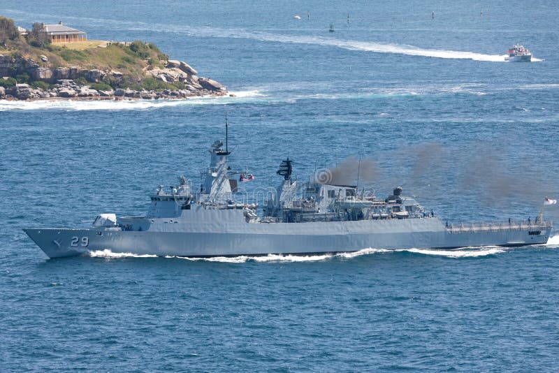 Sydney, Australia - October 11, 2013: KD Jebat F 29 Lekiu-class guided missile frigate serving in the Royal Malaysian Navy  departing Sydney Harbor