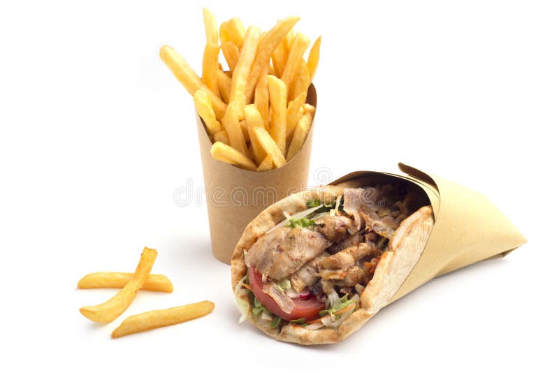 Kebab sandwich met frietjes stock afbeeldingen