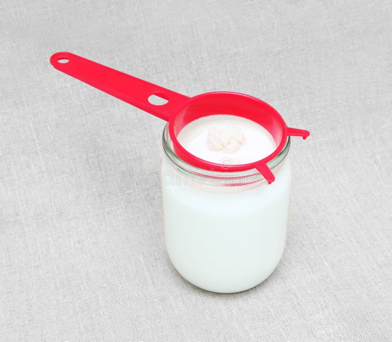 Kefir μύκητας στο διηθητήρα και στο βάζο με το γάλα στοκ φωτογραφία με δικαίωμα ελεύθερης χρήσης Kefir μύκητας στο διηθητήρα και στο βάζο με το γάλα στοκ φωτογραφία με δικαίωμα ελεύθερης χρήσης