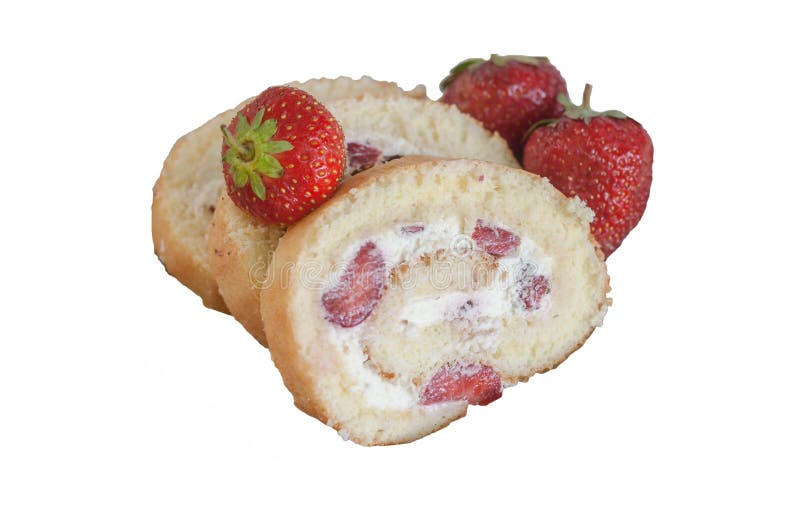 Keksrolle mit Sahne und frische Erdbeeren, Nahaufnahme, isolat lizenzfreie stockbilder Keksrolle mit Sahne und frische Erdbeeren, Nahaufnahme, isolat lizenzfreie stockbilder