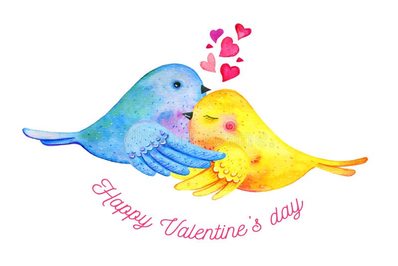 Kel för förälskelsefågelpar med hjärtor och att önska Utdragen vattenfärgillustration för hand för St-valentin dag vektor illustrationer Kel för förälskelsefågelpar med hjärtor och att önska Utdragen vattenfärgillustration för hand för St-valentin dag vektor illustrationer