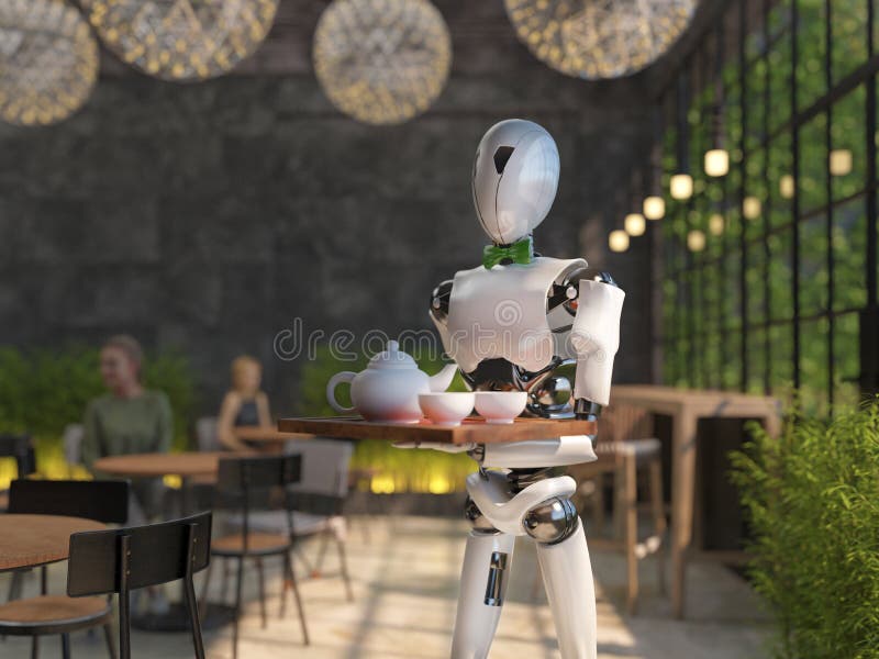 Kelner roboty humanoidalnej nosi tacę jedzenia i napojów w restauracji Sztuczna inteligencja zastępuje personel konserwacyjny W ilustracji