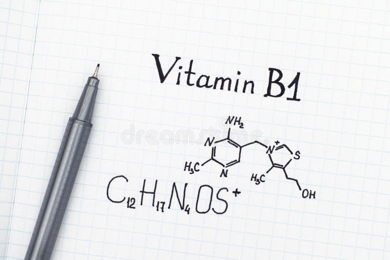 Kemisk formel av vitaminet B1 med pennan royaltyfria bilder Kemisk formel av vitaminet B1 med pennan royaltyfria bilder