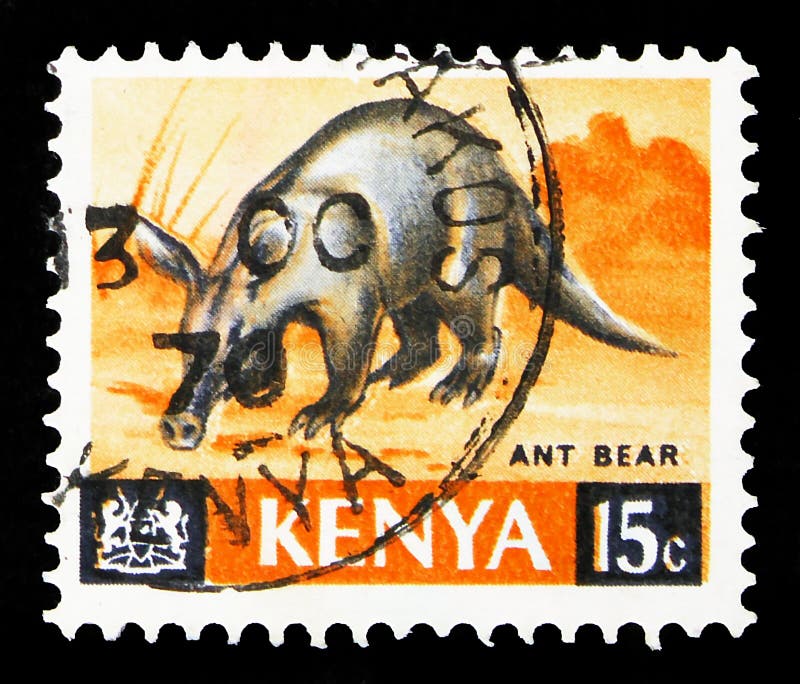 In Kenia gedrukt postzegel toont Aardvark (Orycteropus afer), Afrikaanse faunaserie, 15 Keniaanse cent, circa 1966