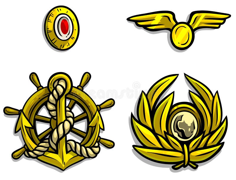 Kentekens van het beeldverhaal de gouden leger voor een hoogtepunt bereikte kappen stock illustratie Kentekens van het beeldverhaal de gouden leger voor een hoogtepunt bereikte kappen stock illustratie