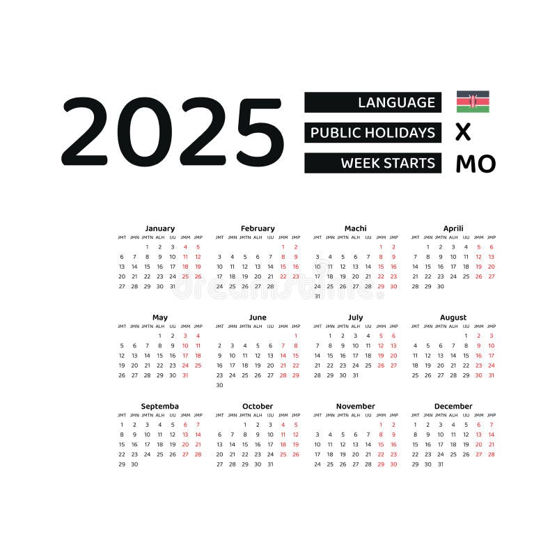 Kenya Calendar 2025. Week Starts from Monday. Vector Graphic Design