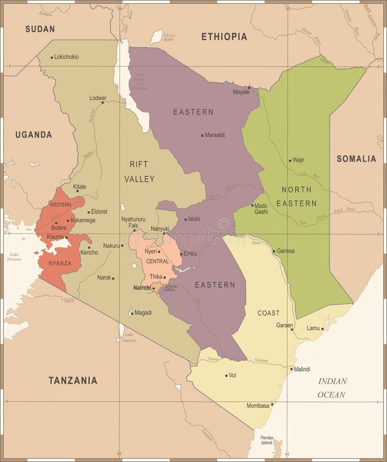 Kenya Map - Vintage Detailed Vector Illustration Stock Illustration ...
