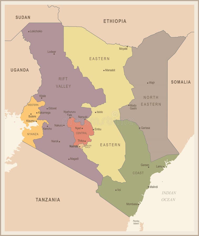 Kenya - Vintage Map And Flag - Detailed Vector Illustration Stock ...