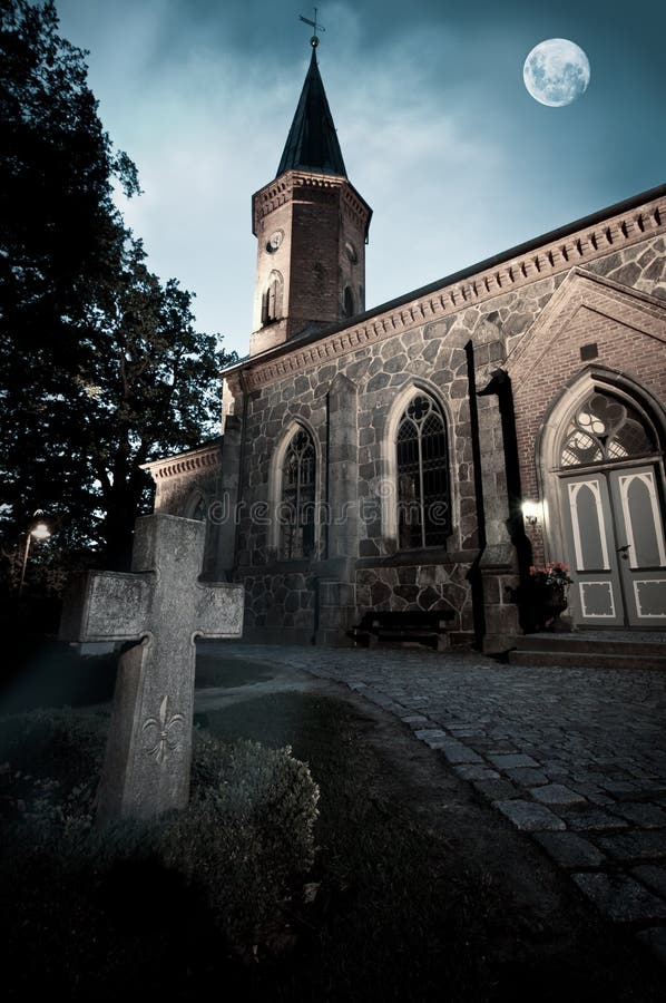 Church with graveyard cross and moonlight. Church with graveyard cross and moonlight