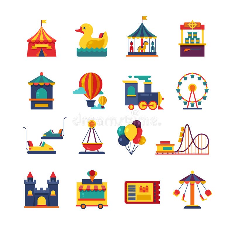 Kermisterreinspelen en pretpark vlakke vectorpictogrammen royalty-vrije illustratie Kermisterreinspelen en pretpark vlakke vectorpictogrammen royalty-vrije illustratie