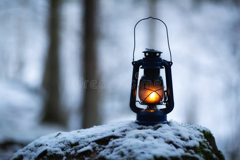 Kerosene Lamp or lantern on a snow in the woods during the winter season with spectacular lighting. Blurred background. Beautiful