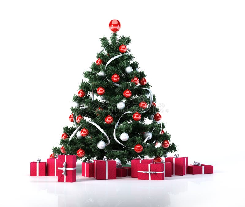 Kerstboom met gouden ballen, decoratie en rode giftenpakketten. royalty-vrije illustratie Kerstboom met gouden ballen, decoratie en rode giftenpakketten. royalty-vrije illustratie