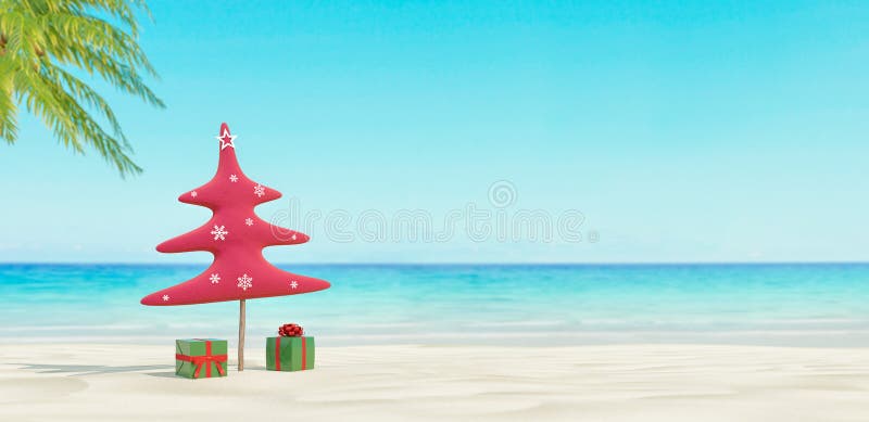 Christmas Tree On Beautiful Tropical Beach. Summer New year concept 3d render 3d illustration. Christmas Tree On Beautiful Tropical Beach. Summer New year concept 3d render 3d illustration