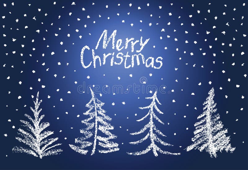 Kerstboomreeks en dalende sneeuwvlokken Als kind ` die s grappig blauw wit ontwerp trekken royalty-vrije illustratie Kerstboomreeks en dalende sneeuwvlokken Als kind ` die s grappig blauw wit ontwerp trekken royalty-vrije illustratie
