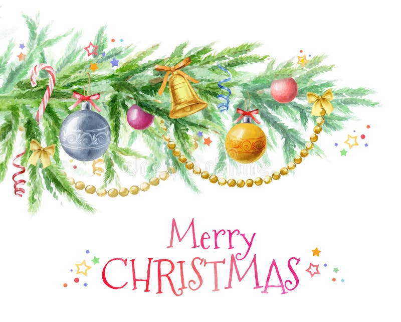Kerstboomtak met decor van speelgoed, ballen, parels en klokken stock illustratie Kerstboomtak met decor van speelgoed, ballen, parels en klokken stock illustratie