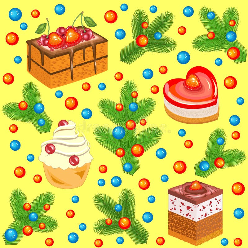 Kerstboomtakken die met heldere ballen en zoete cakes worden verfraaid Naadloos patroon Geschikt voor de giften van de verpakking royalty-vrije illustratie Kerstboomtakken die met heldere ballen en zoete cakes worden verfraaid Naadloos patroon Geschikt voor de giften van de verpakking royalty-vrije illustratie