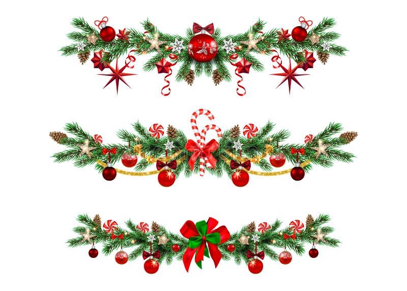 Christmas festive decoration garlands set. Holiday image with pine branches, balls and ribbon for design banner, ticket, invitation or card, leaflet and so on. Christmas festive decoration garlands set. Holiday image with pine branches, balls and ribbon for design banner, ticket, invitation or card, leaflet and so on.