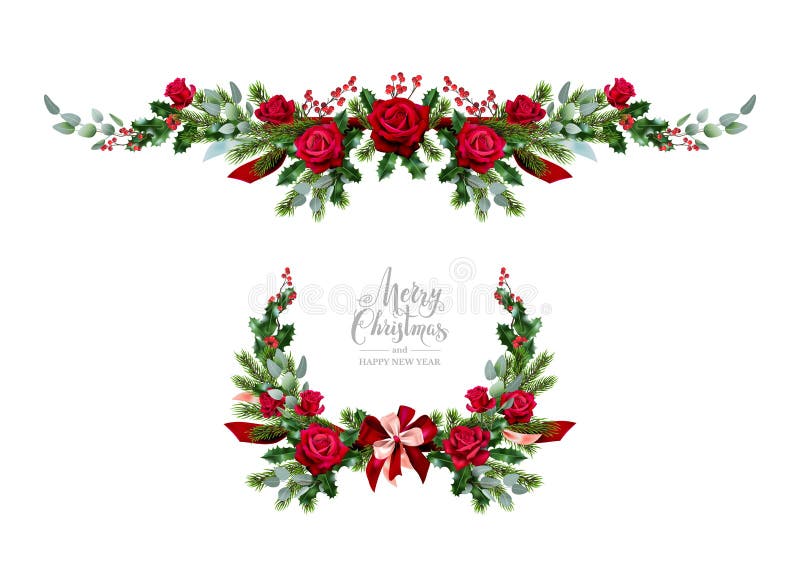 Christmas festive wreath with rose, pine, eucalyptus and holly. Holiday image for design banner, ticket, invitation or card, leaflet and so on. Christmas festive wreath with rose, pine, eucalyptus and holly. Holiday image for design banner, ticket, invitation or card, leaflet and so on.