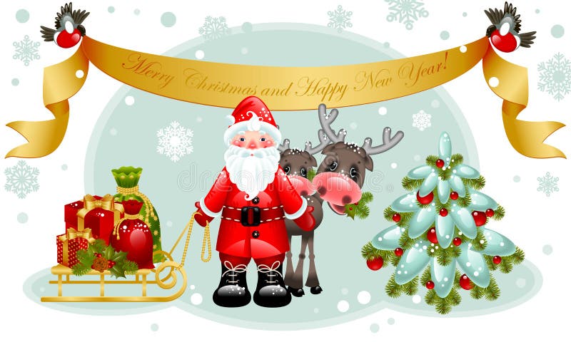 Kerstkaart. De Kerstman met giften en boom. royalty-vrije illustratie Kerstkaart. De Kerstman met giften en boom. royalty-vrije illustratie