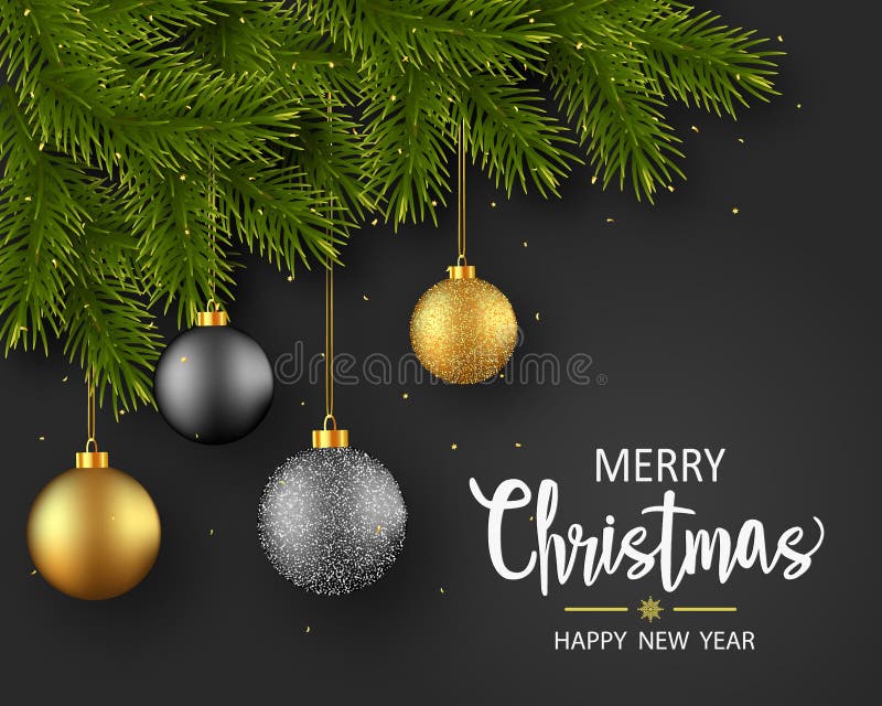 kerstkaart met pijnboomtakken en glitterballen op een zwarte achtergrond stock illustratie kerstkaart met pijnboomtakken en glitterballen op een zwarte achtergrond stock illustratie
