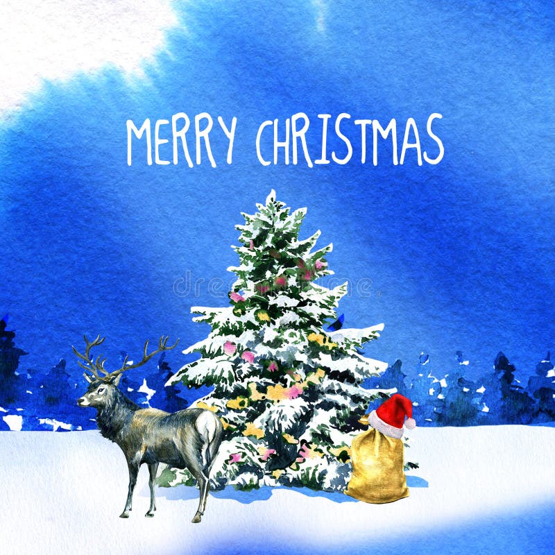 kerstkaart met versierde kerstboom in de sneeuw, herten en kersttasje met geschenken op de achtergrond met sneeuwvezel royalty-vrije illustratie kerstkaart met versierde kerstboom in de sneeuw, herten en kersttasje met geschenken op de achtergrond met sneeuwvezel royalty-vrije illustratie