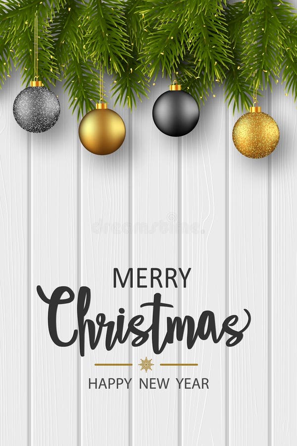 kerstkaartje met pijnboomtakken en glitterballen op een witte houten achtergrond vector illustratie kerstkaartje met pijnboomtakken en glitterballen op een witte houten achtergrond vector illustratie