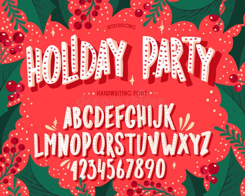 Christmas font. Holiday typography alphabet with season wishes and festive illustrations. Type design for holiday new year celebration. Design vector background with hand-drawn lettering. Christmas font. Holiday typography alphabet with season wishes and festive illustrations. Type design for holiday new year celebration. Design vector background with hand-drawn lettering