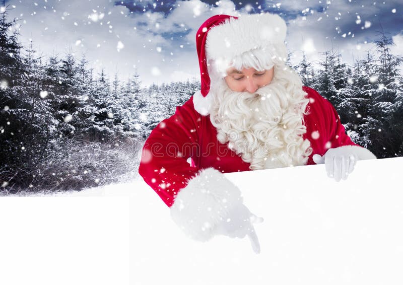 Kerstman die beneden en op wit aanplakbiljet de richten kijken royalty-vrije stock afbeelding Kerstman die beneden en op wit aanplakbiljet de richten kijken royalty-vrije stock afbeelding
