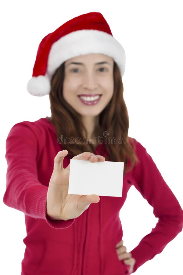 Kerstmanvrouw die tekenkaart tonen stock foto Kerstmanvrouw die tekenkaart tonen stock foto