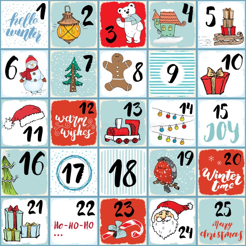 Kerstmis Advent Calendar Hand getrokken elementen en aantallen
