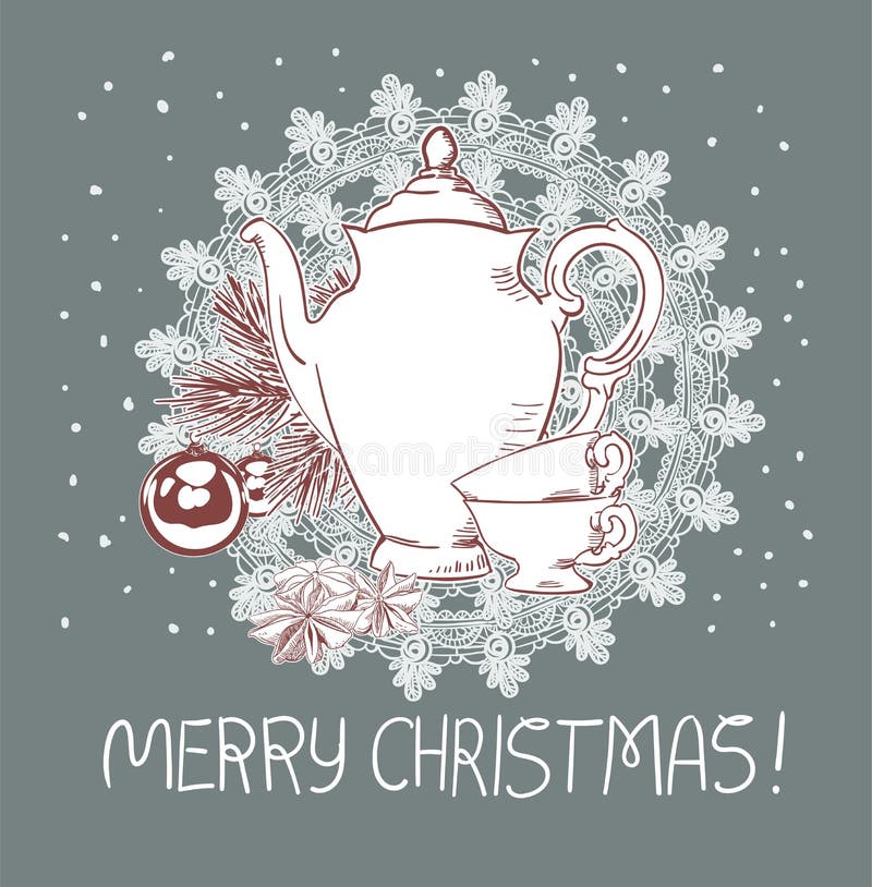 Kerstmis blauwe roze traditionele vectorkaart van theepotkoppen vector illustratie Kerstmis blauwe roze traditionele vectorkaart van theepotkoppen vector illustratie