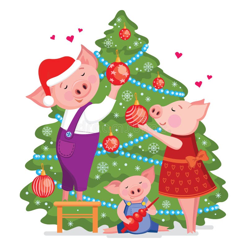 Kerstmis en de Gelukkige Nieuwe jaarkaart met leuke mooie familie van varkens verfraaien een Kerstmisboom VectordieIllustratie op royalty-vrije illustratie Kerstmis en de Gelukkige Nieuwe jaarkaart met leuke mooie familie van varkens verfraaien een Kerstmisboom VectordieIllustratie op royalty-vrije illustratie