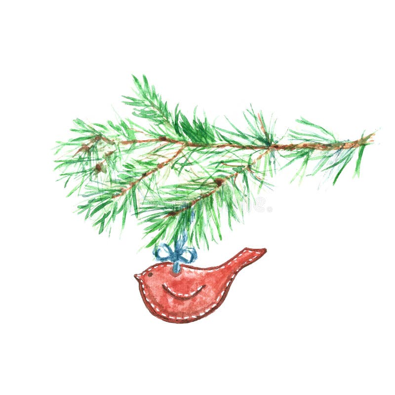 Kerstmis felted vogel de rode ornament en tak van de boompijnboom op witte geïsoleerde achtergrond, royalty-vrije illustratie Kerstmis felted vogel de rode ornament en tak van de boompijnboom op witte geïsoleerde achtergrond, royalty-vrije illustratie