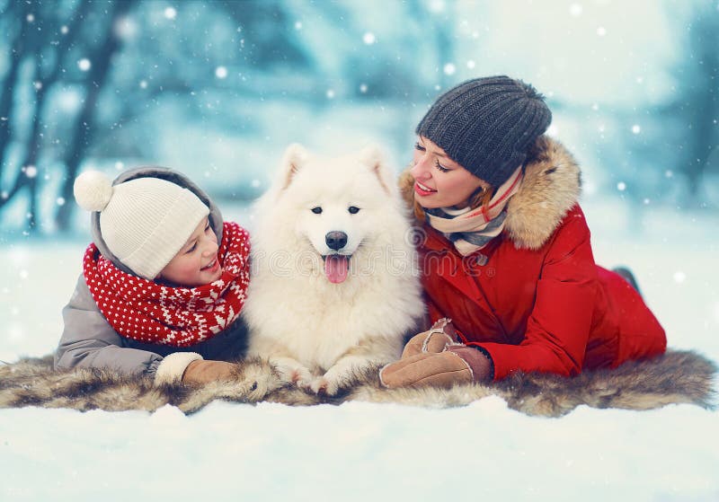 Christmas happy family, mother and son child walking with white Samoyed dog, lying on snow in winter day, flying snowflakes. Christmas happy family, mother and son child walking with white Samoyed dog, lying on snow in winter day, flying snowflakes