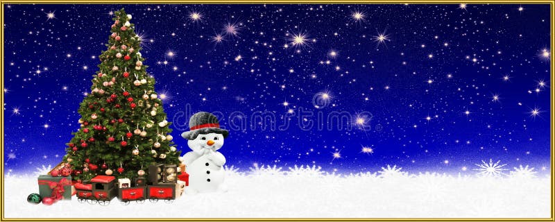 Kerstmis: Kerstboom en sneeuwman, banner, achtergrond stock afbeeldingen Kerstmis: Kerstboom en sneeuwman, banner, achtergrond stock afbeeldingen