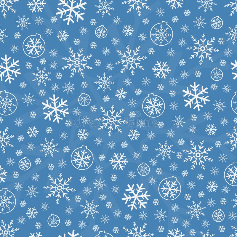 Christmas seamless pattern with snowflakes and toys for the Christmas tree. Winter blue background with falling snow and snowflakes. Stock vector illustration. Christmas seamless pattern with snowflakes and toys for the Christmas tree. Winter blue background with falling snow and snowflakes. Stock vector illustration.
