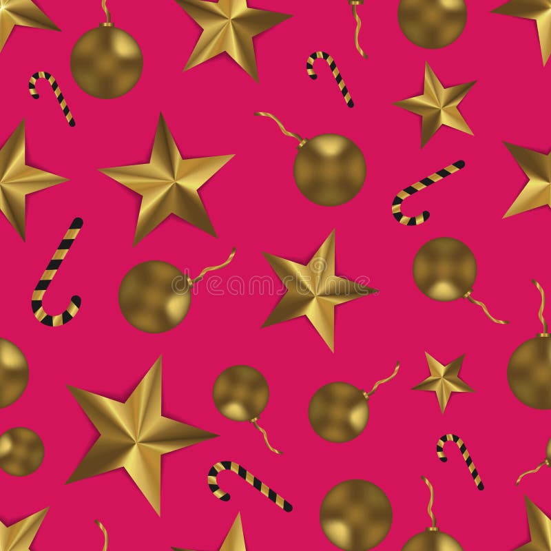 Kerstmis naadloos patroon met gouden speelgoed, sterren en suikergoed Feestelijke roze en gouden achtergrond vector illustratie Kerstmis naadloos patroon met gouden speelgoed, sterren en suikergoed Feestelijke roze en gouden achtergrond vector illustratie