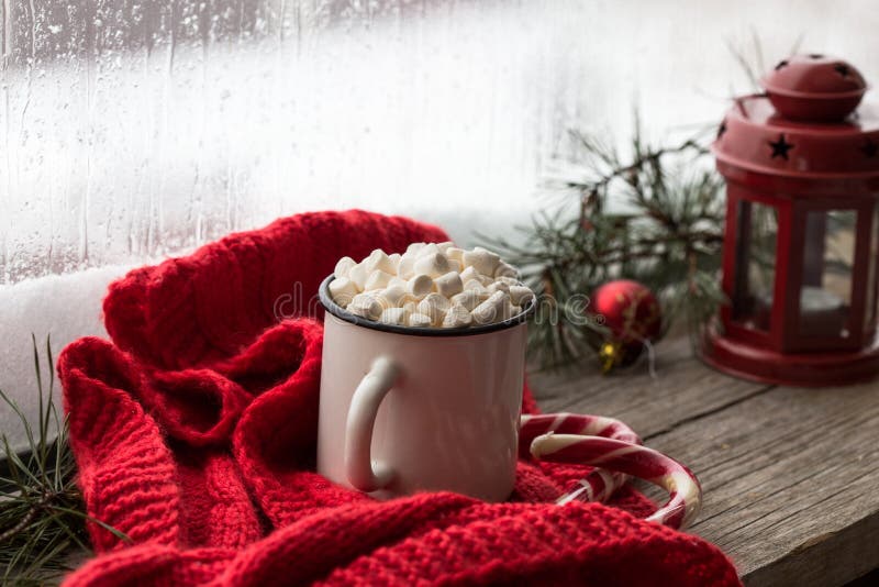 Kerstmis Witte chaskka met een Kerstmis hete drank door het venster royalty-vrije stock fotografie Kerstmis Witte chaskka met een Kerstmis hete drank door het venster royalty-vrije stock fotografie