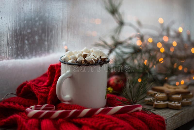 Kerstmis Witte chaskka met een Kerstmis hete drank door het venster stock foto's Kerstmis Witte chaskka met een Kerstmis hete drank door het venster stock foto's