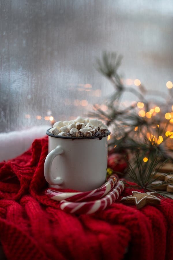 Kerstmis Witte chaskka met een Kerstmis hete drank door het venster stock afbeelding Kerstmis Witte chaskka met een Kerstmis hete drank door het venster stock afbeelding