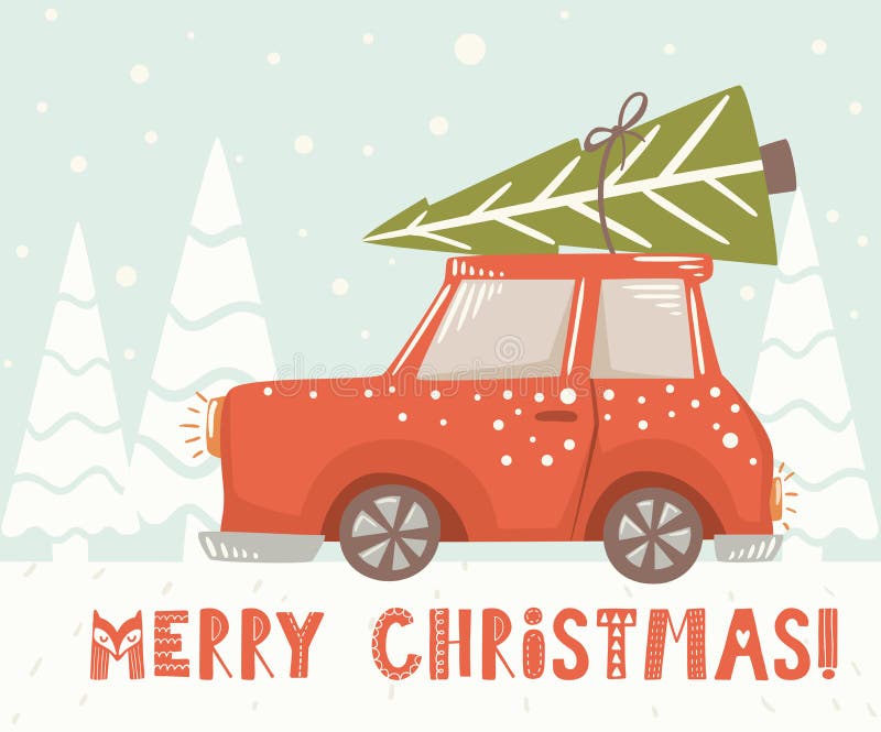 Kerstmisauto met sparren Skandinavische kaart Nieuwe jaarlevering stock illustratie Kerstmisauto met sparren Skandinavische kaart Nieuwe jaarlevering stock illustratie