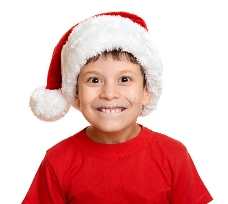 Kerstmisconcept van de de wintervakantie - jongen in het portret van de santahoed op wit