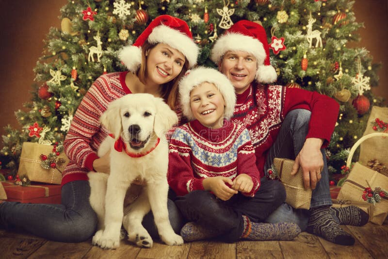 Christmas Family and Dog Under Xmas Tree, Happy Mother Father Child Portrait in Sweaters Red Santa Hats. Christmas Family and Dog Under Xmas Tree, Happy Mother Father Child Portrait in Sweaters Red Santa Hats