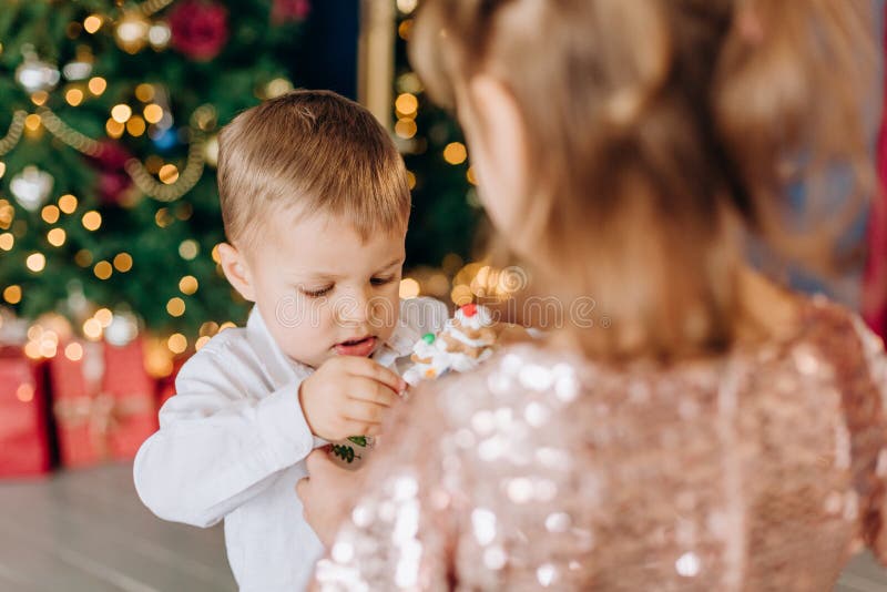 Kerstmiskind van het vakantie eet het nieuwe jaar heerlijke cake royalty-vrije stock foto Kerstmiskind van het vakantie eet het nieuwe jaar heerlijke cake royalty-vrije stock foto