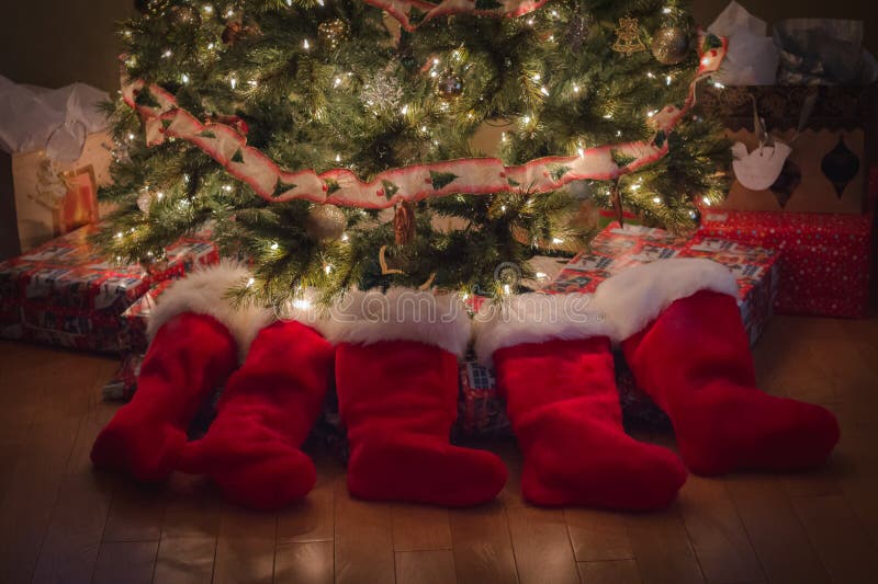 Kerstmiskousen rond de boom stock afbeelding Kerstmiskousen rond de boom stock afbeelding