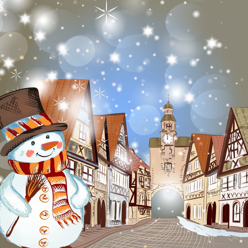 Kerstmisscène met huizen in sneeuw en leuke sneeuwman stock illustratie Kerstmisscène met huizen in sneeuw en leuke sneeuwman stock illustratie