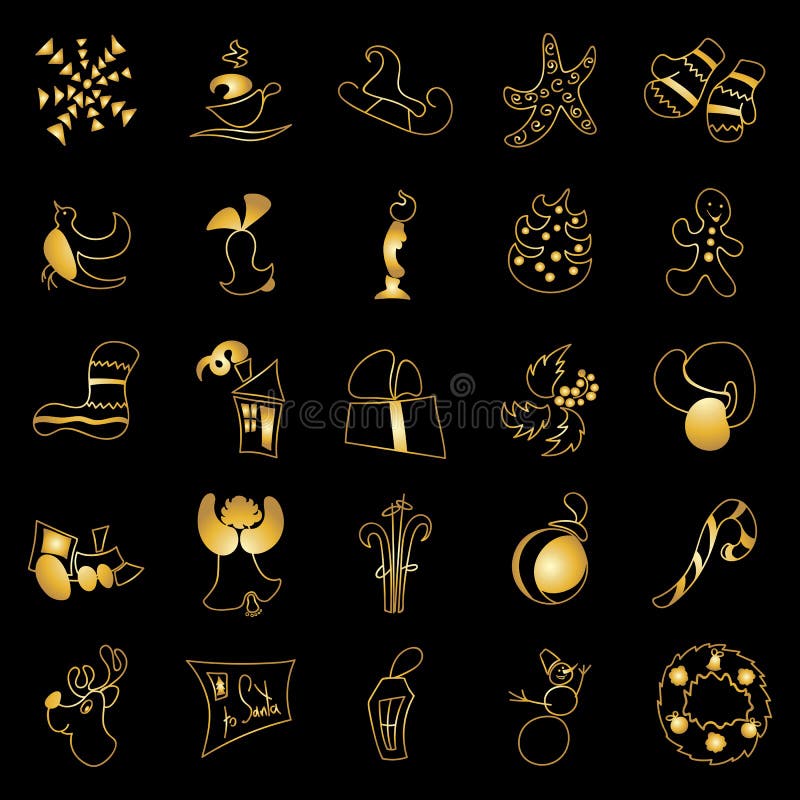 Kerstmisspeelgoed en stickers gouden ornated metaalvoorwerpen op zwarte vector illustratie Kerstmisspeelgoed en stickers gouden ornated metaalvoorwerpen op zwarte vector illustratie