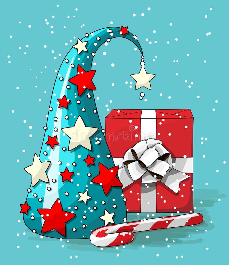 Kerstmisstilleven, blauwe abstracte boom met rode giftdoos en suikergoedriet op blauwe achtergrond, illustratie royalty-vrije illustratie Kerstmisstilleven, blauwe abstracte boom met rode giftdoos en suikergoedriet op blauwe achtergrond, illustratie royalty-vrije illustratie